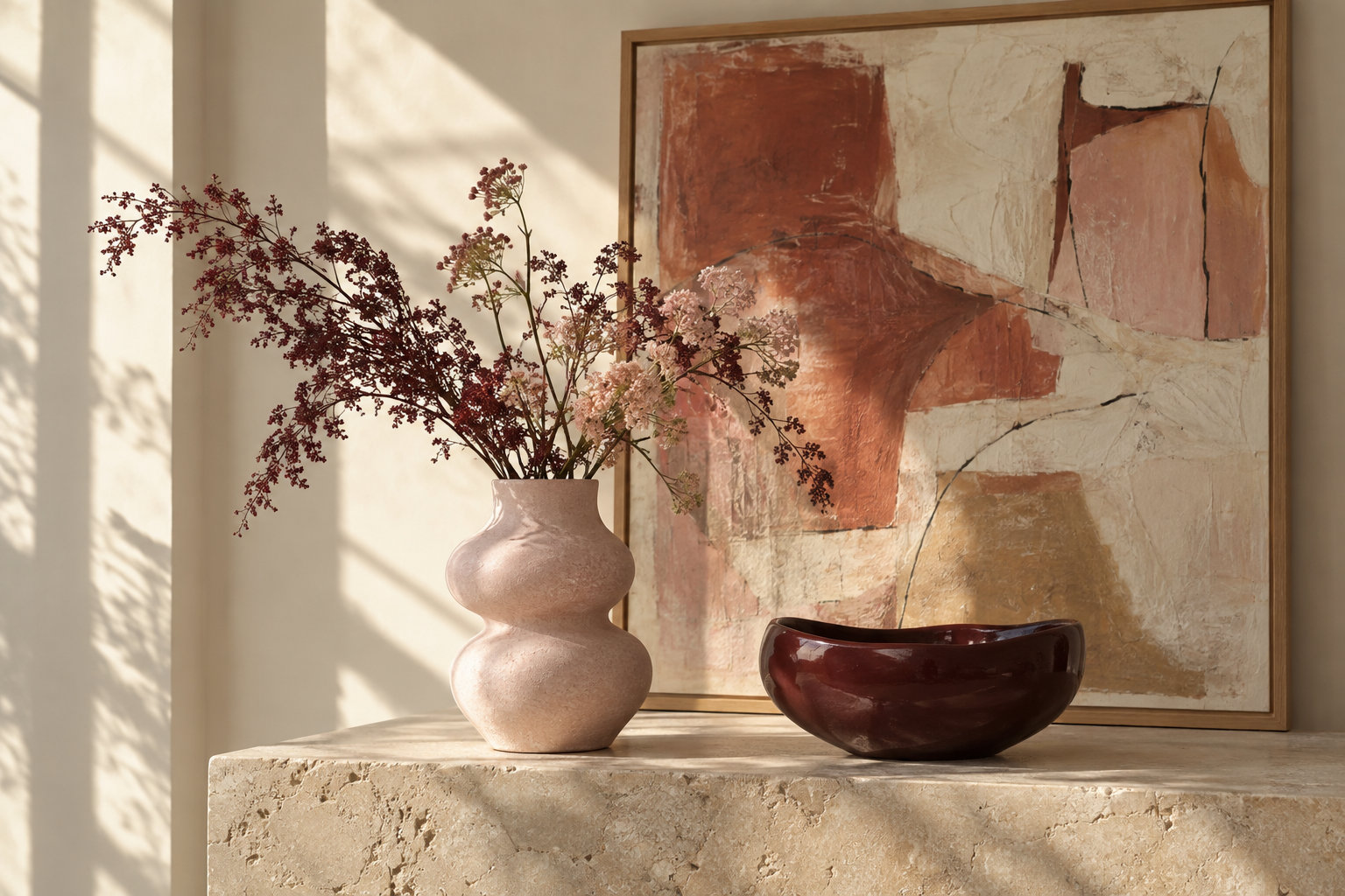 Art and home accents in a softly lit room